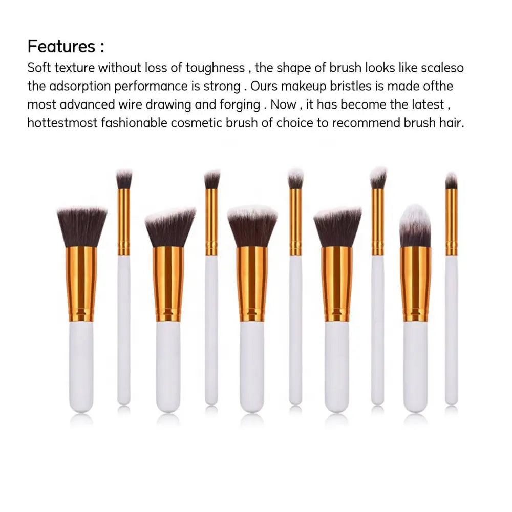Ten piece makeup brush set with white handles gold ferrules dark brown bristles in a maroon case beauty complete kit