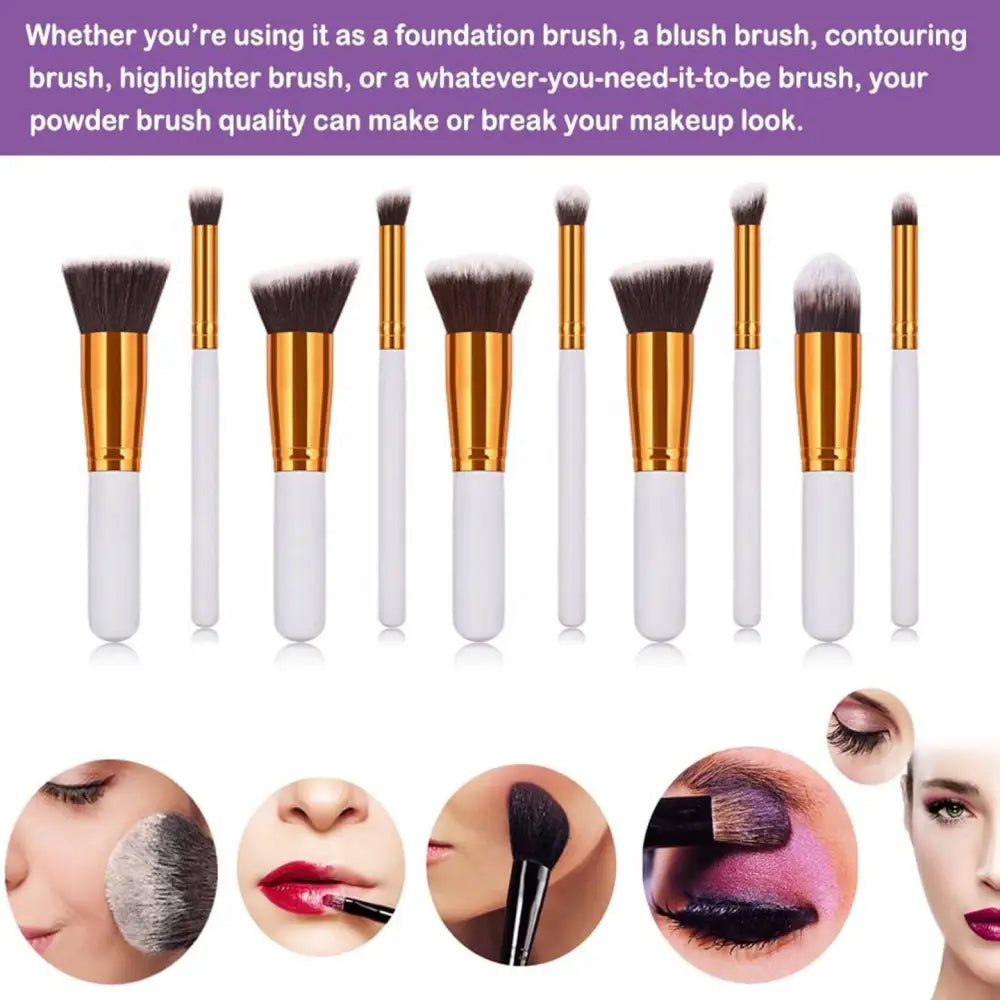 Set of eight makeup brushes with white handles gold ferrules and black bristles from a ten piece makeup brush set with maroon case