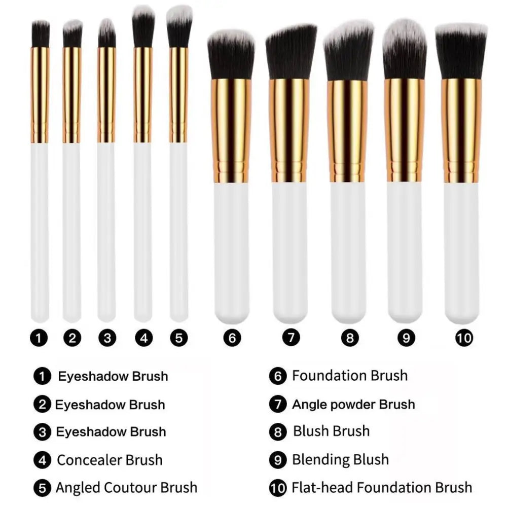 Ten piece makeup brush set with white handles gold ferrules black bristles and maroon case beauty complete kit