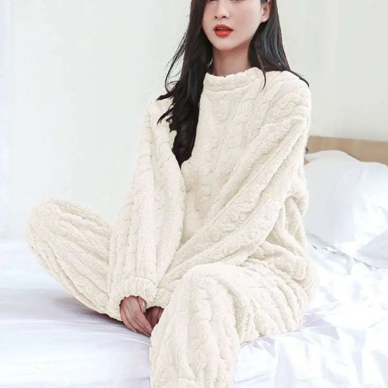 Cream-colored thickened coral velvet winter pajamas set with textured cable-knit plush material for warmth
