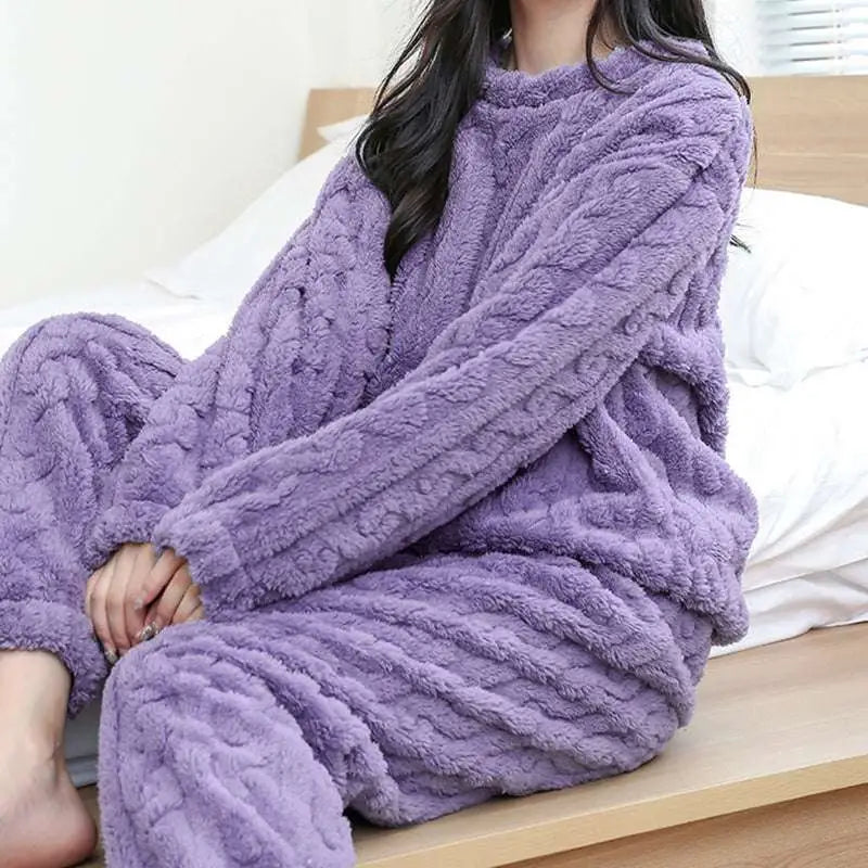 Purple fuzzy knit pajama set with textured cable knit hemp pattern in thickened coral velvet for winter comfort