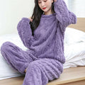Purple plush knit pajama set with a cozy textured cable-knit hemp pattern in thickened coral velvet for winter use