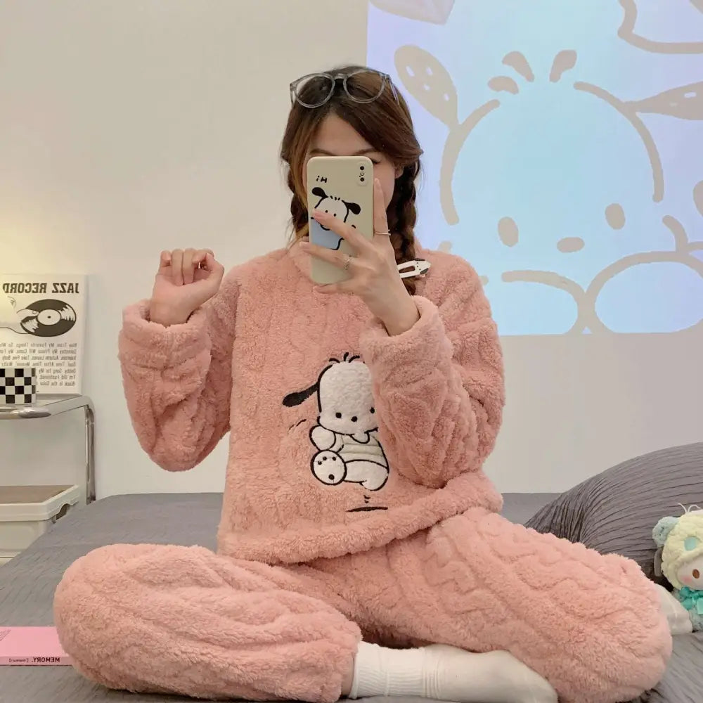 Pink thickened coral velvet plush pajama set with hapa dog cartoon design for winter comfort and warmth