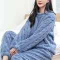 Soft blue thickened coral velvet winter pajama set with textured cable-knit hemp pattern for cozy warmth
