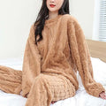 Tan plush fleece pajama set with thickened coral velvet and textured cable-knit hemp for winter comfort