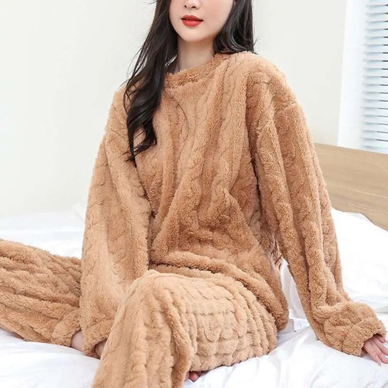 Tan plush fleece pajama set with thickened coral velvet and textured cable-knit hemp for winter comfort