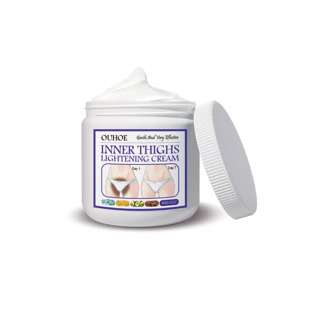 White plastic jar of ouhoo thigh skin perfecting cream lightens melanin with white lid partially off showing creamy product inside