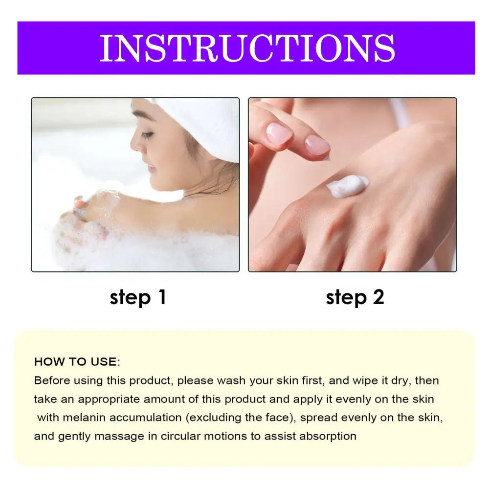 White creamy thigh skin perfecting cream lightens melanin being applied to clean dry skin for even tone enhancement