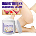 White plastic jar of ouhoe thigh skin perfecting cream lightens melanin with gentle and very effective label showing before and after results