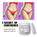 White jar of ouhoo thigh skin perfecting cream lightens melanin with white lid and label featuring product claims