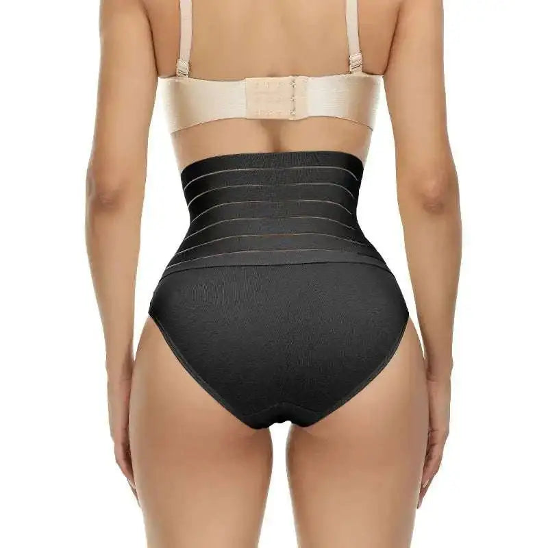 Black high-waisted postpartum body shaper waist trainer with adjustable straps and textured cotton fabric finish