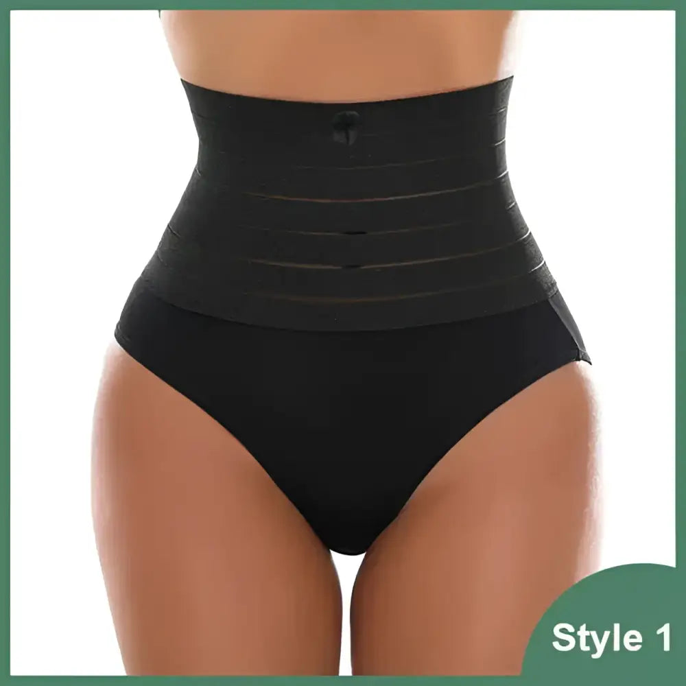 Black high-waisted postpartum body shaper waist trainer with ribbed design, adjustable elastic band, and cotton fabric