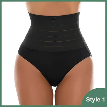 Black high-waisted postpartum body shaper waist trainer with ribbed cotton fabric and adjustable elastic band for shaping butt lifter