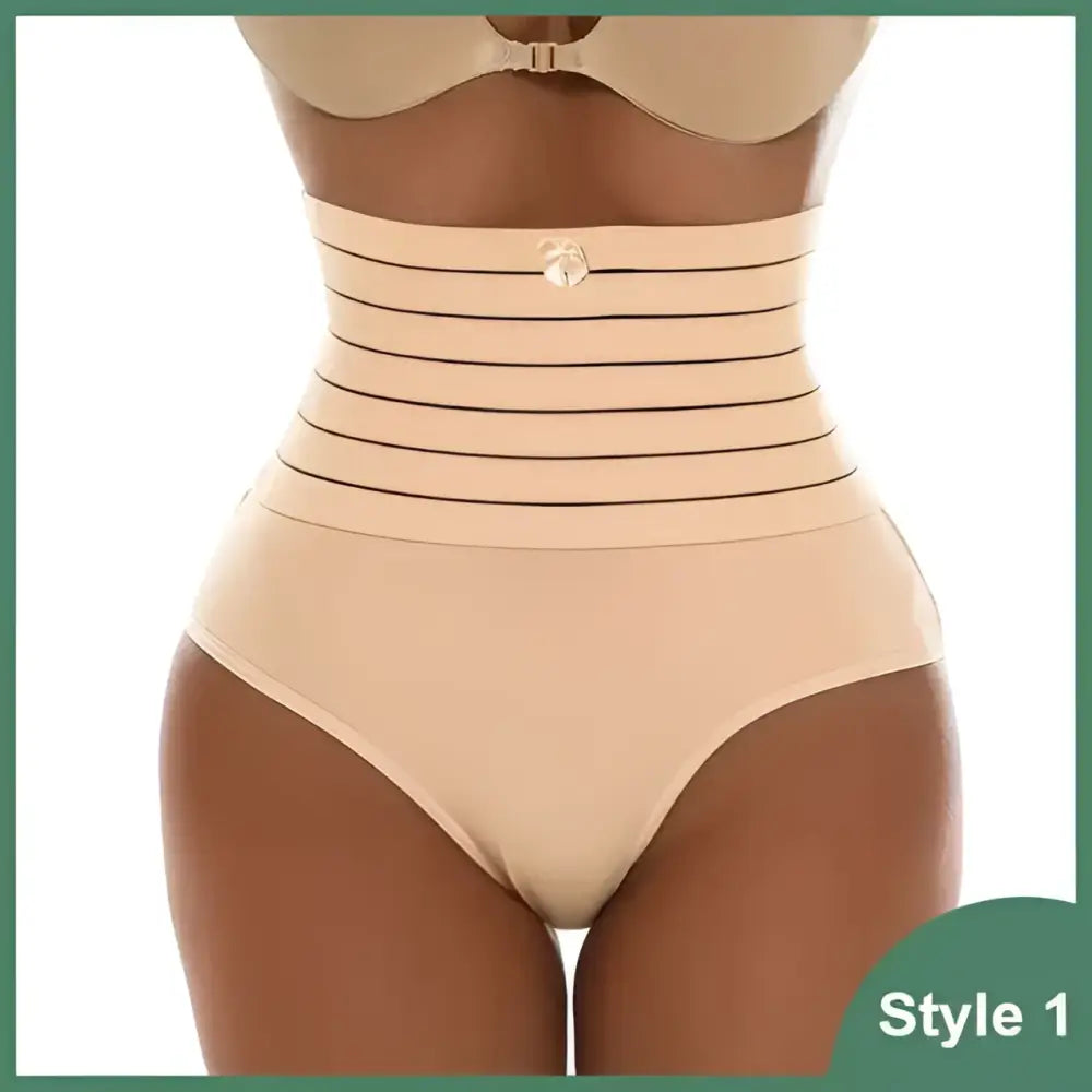 Beige high-waisted postpartum body shaper waist trainer with horizontal elastic bands and central metallic clasp in cotton fabric