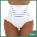 White high-waisted postpartum body shaper waist trainer with black stripes silver logo made of cotton fabric