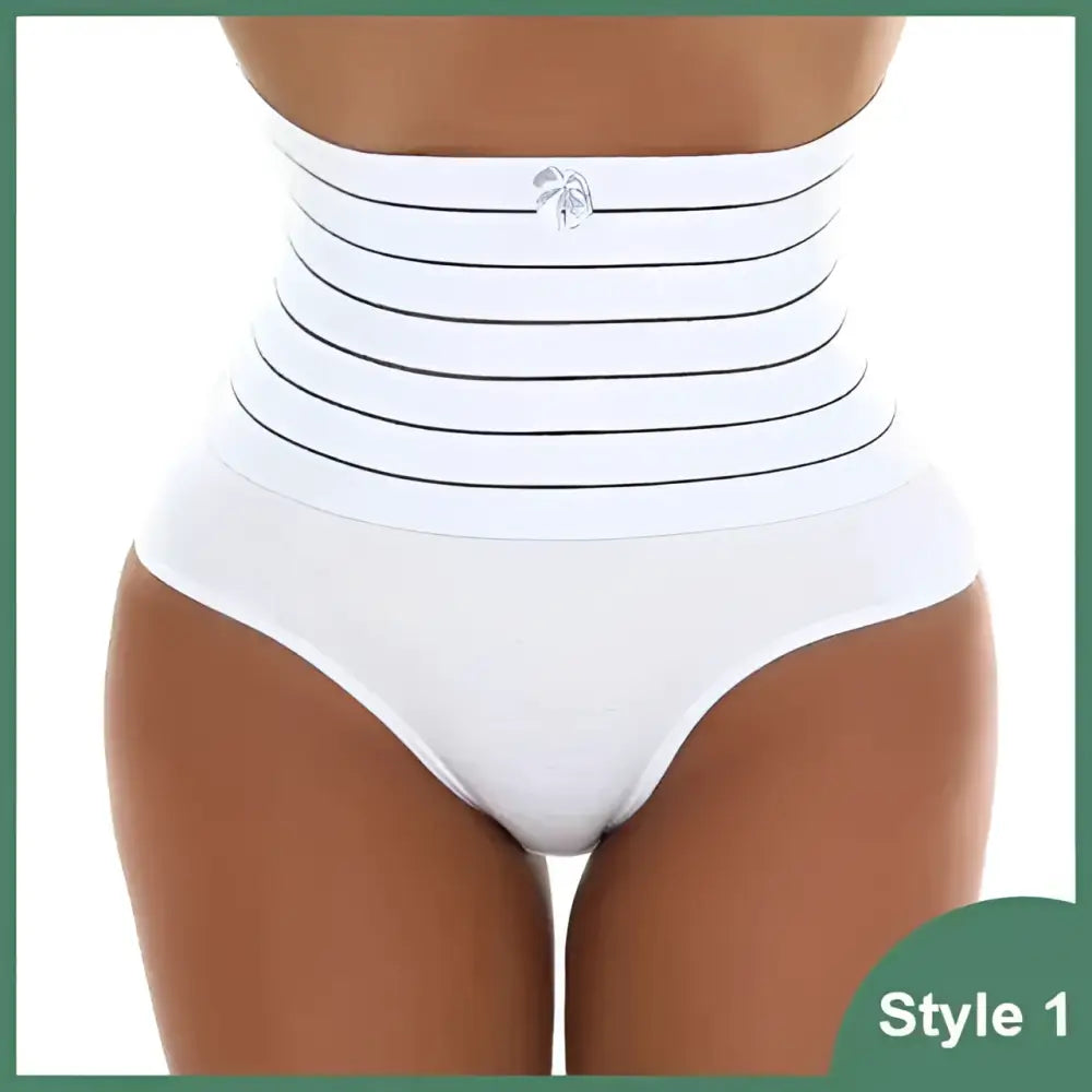 White high-waisted postpartum body shaper with black stripes silver logo made of soft cotton fabric shaping butt lifter