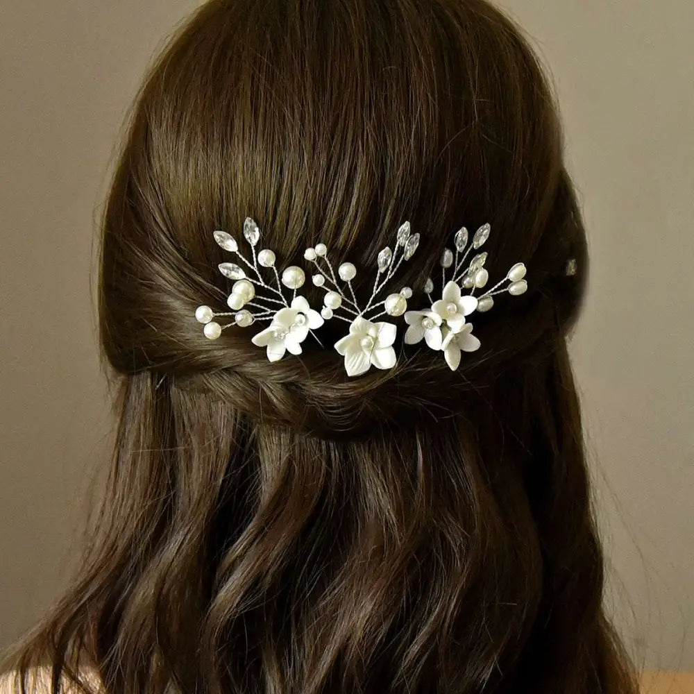 Elegant three sets of white flower u shaped hairpins with pearls and clear crystals on delicate silver wire