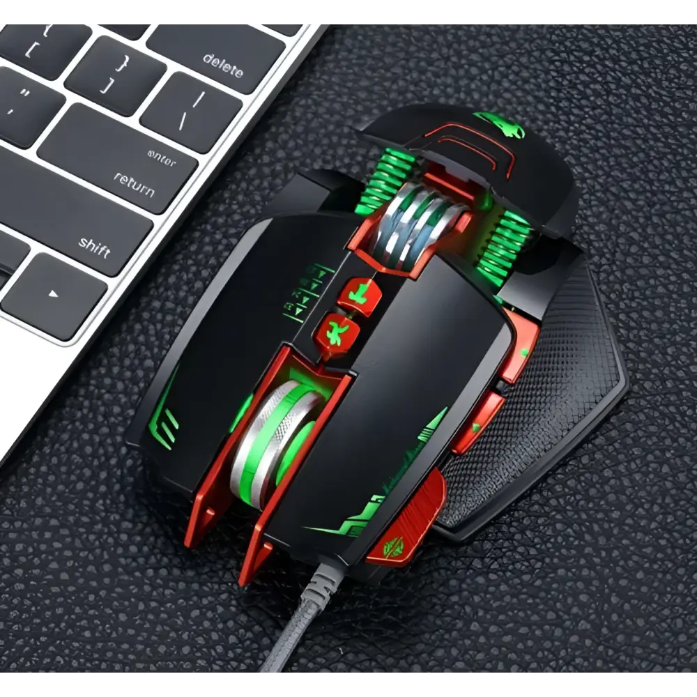 Black and red thunder wolf v9 gaming mouse with green led lighting accents for precision gaming use
