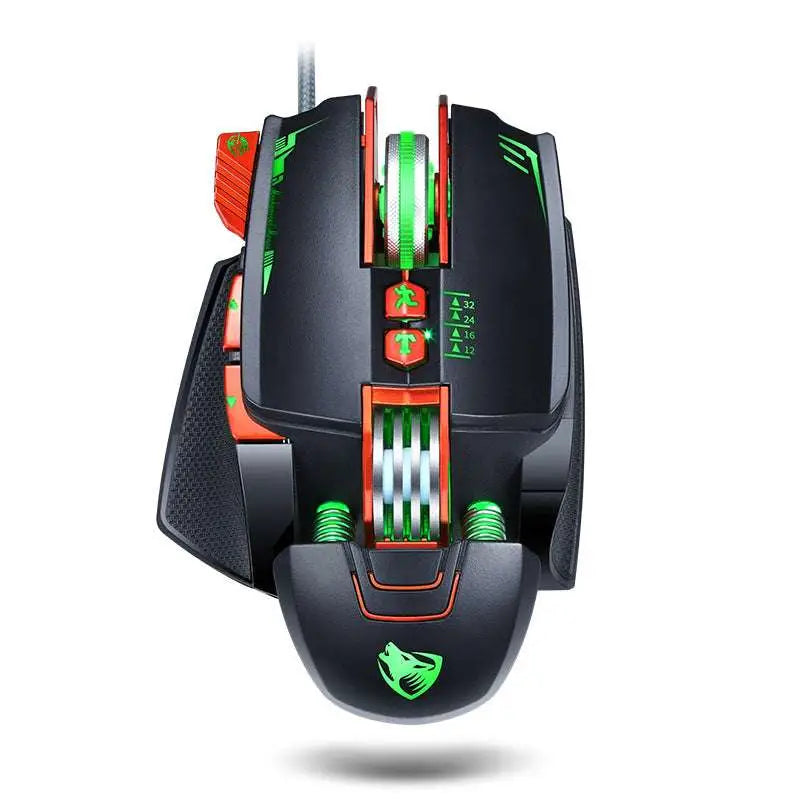 Black and red thunder wolf v9 gaming mouse with green led lighting textured grip and multiple programmable buttons for precision gaming