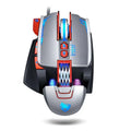 Silver and red Thunder Wolf V9 gaming mouse with blue led accents, programmable buttons, and textured grip for precision gaming