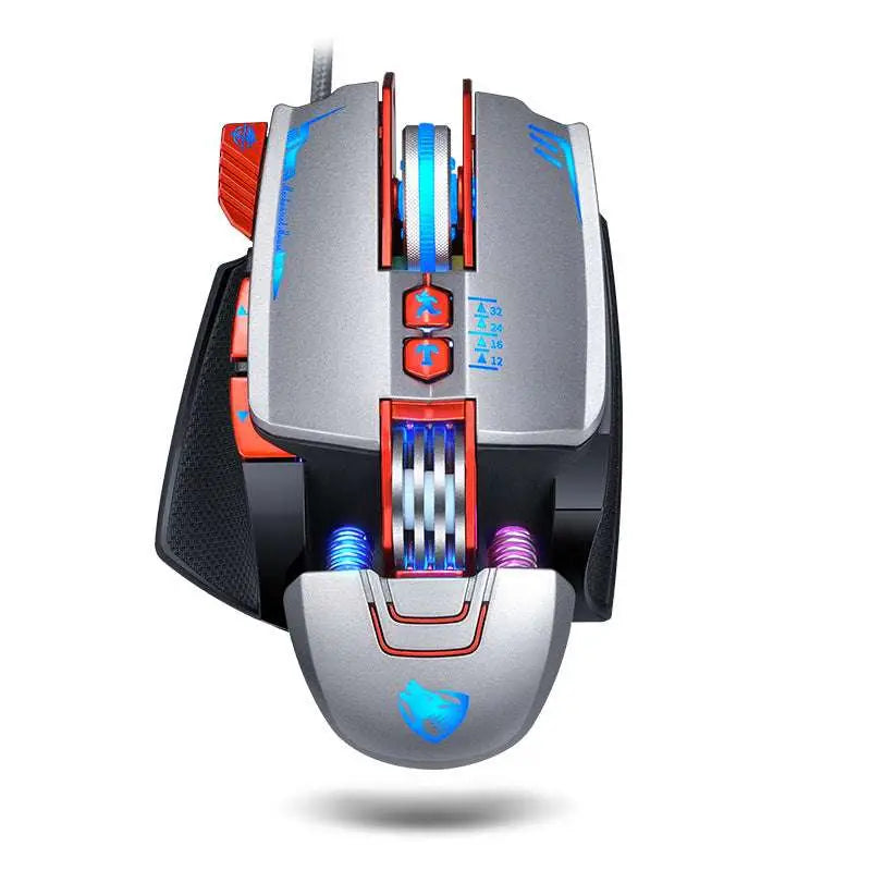 Silver and red Thunder Wolf V9 gaming mouse with blue led accents, programmable buttons, and textured grip for precision gaming