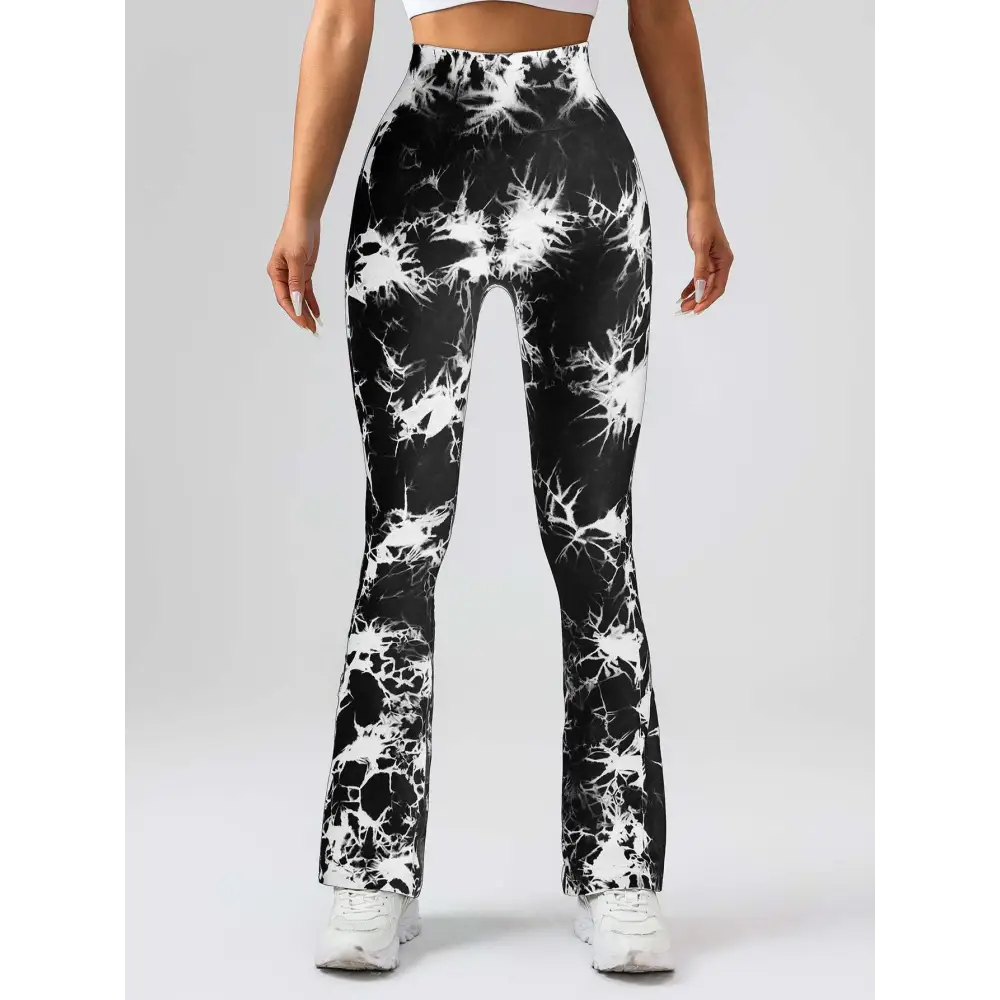 Black and white tie dye tummy control flare yoga pants with high waist and butt lift design in flared style