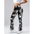 Black and white tie dye tummy control flare yoga pants with high waist and butt lift design for activewear