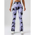 Purple and black tie dye tummy control flare yoga pants with high waist and butt lift design for activewear