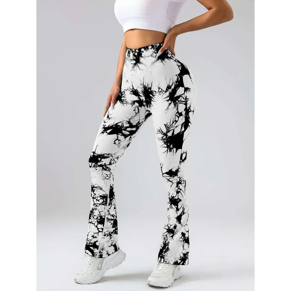 Black and white tie dye tummy control flare yoga pants with high waist and butt lift effect