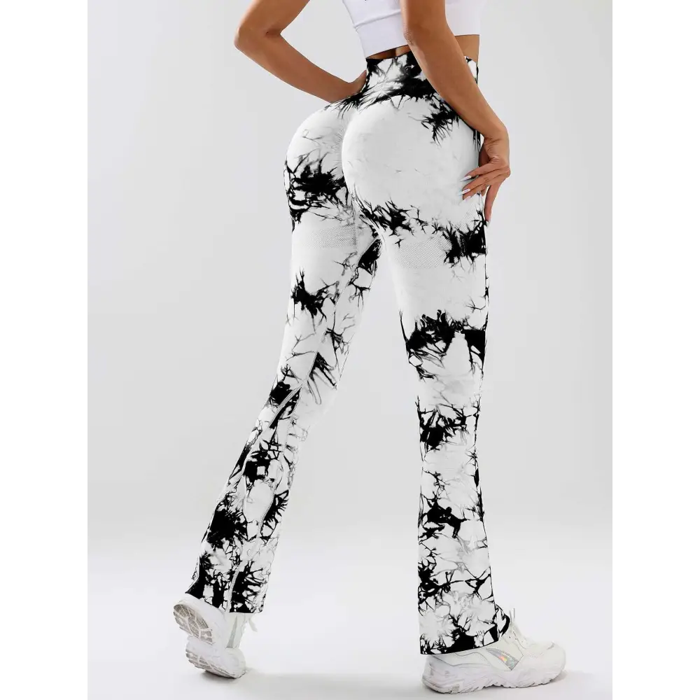 White and black tie dye tummy control flare yoga pants with butt lift design for activewear and casual wear
