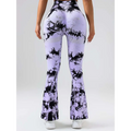 Purple and black tie dye tummy control flare yoga pants with mesh hip panels and butt lift design