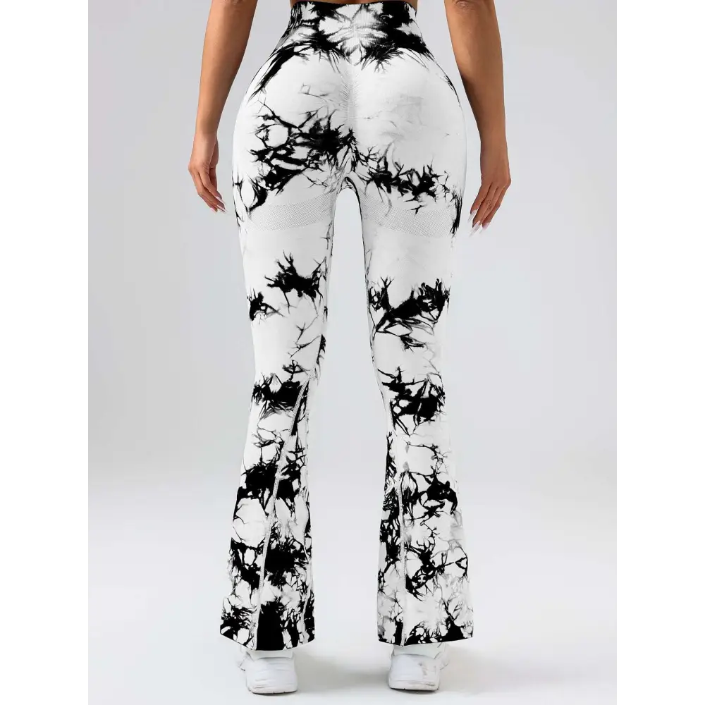 Black and white tie dye tummy control flare yoga pants with butt lift for comfortable activewear use