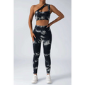 Black and white tie dye women’s scrunch butt yoga set with one-shoulder crop top and high-waisted leggings
