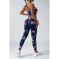 Navy and pink tie dye women’s scrunch butt yoga set with matching crop top designed for comfortable workouts