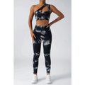 Black and white tie dye women’s scrunch butt yoga set with one shoulder crop top and high waisted leggings
