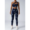Navy blue and white tie dye women’s scrunch butt yoga set featuring a two-piece athletic design for workout use