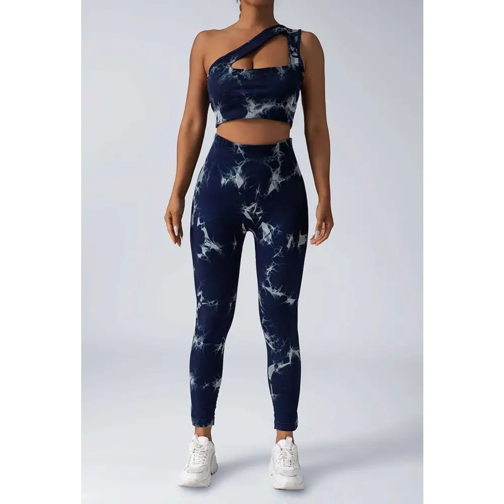 Navy blue and white tie dye women’s scrunch butt yoga set featuring a two-piece athletic design for workout use