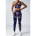 Navy blue and lavender tie dye women’s scrunch butt yoga set with one shoulder crop top and high waisted leggings