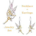Silver and gold-toned tinker bell pendant necklace with pink ribbon and matching fairy series jewelry earrings set