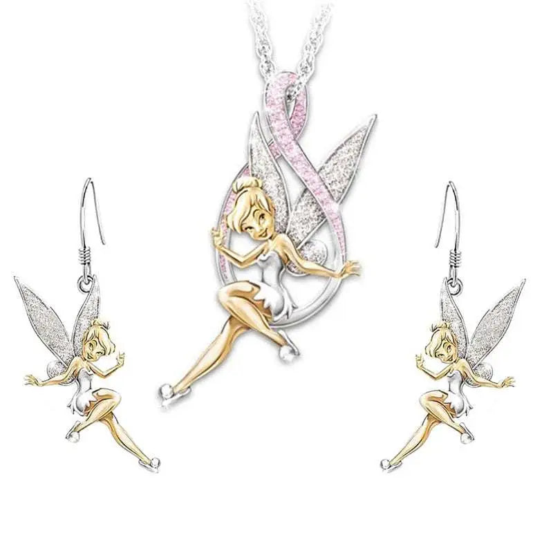 Delicate silver and gold tinker bell pendant and earrings from fairy series jewelry with sparkling pink ribbon design