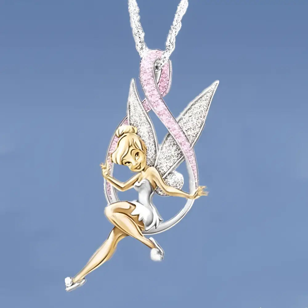 Delicate silver and gold tinker bell pendant and earrings from fairy series jewelry with sparkling pink ribbon design