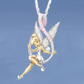 Tinker bell pendant necklace with gold and silver tones and sparkling pink crystal wings from fairy series jewelry