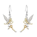 Delicate two-tone tinker bell earrings with gold and silver finish and glittery wings from fairy series jewelry