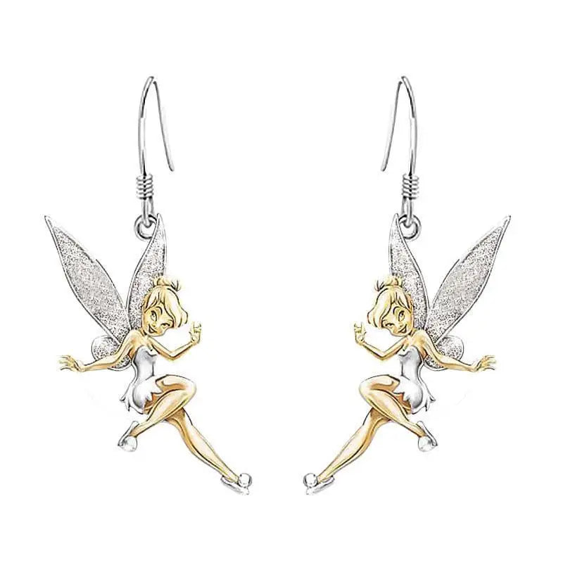 Delicate two-tone tinker bell earrings with gold and silver finish and glittery wings from fairy series jewelry
