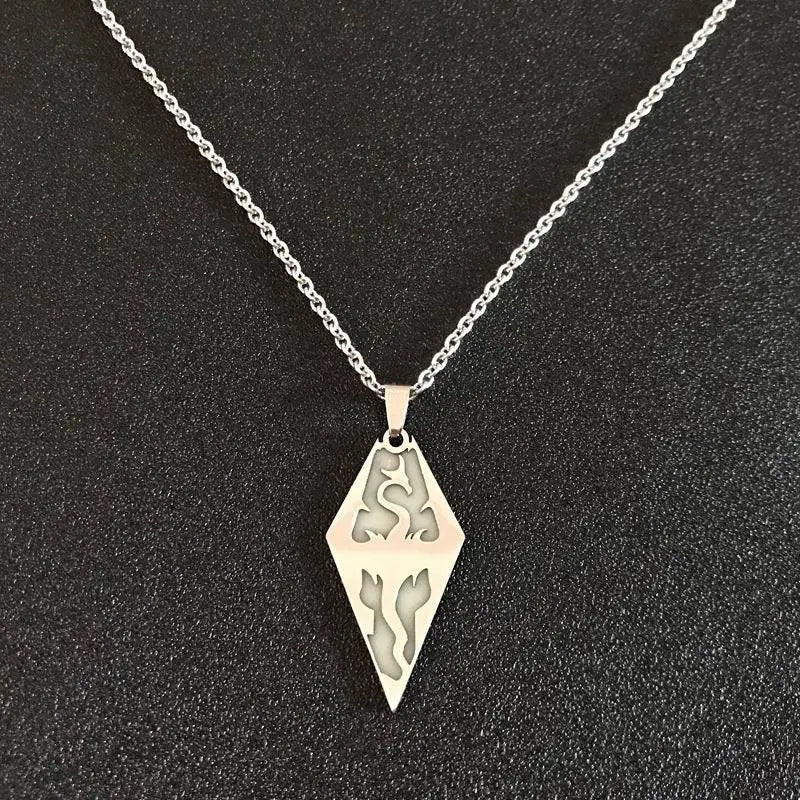 Silver diamond-shaped titanium steel luminous necklace with intricate dragon and flame cutouts on stainless steel chain couple jewelry