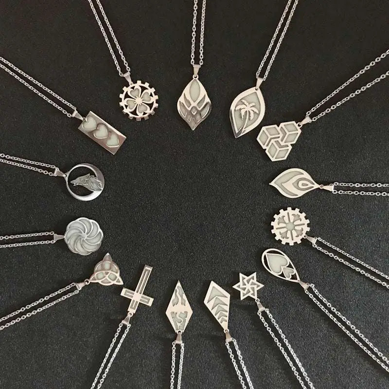 Silver-toned diamond-shaped titanium steel luminous necklace couple jewelry with intricate gears leaves hearts and symbols pendant