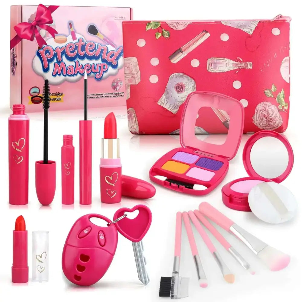 Pink toddler girl pretend makeup kit with heart accessories and polka-dot carrying case play makeup set