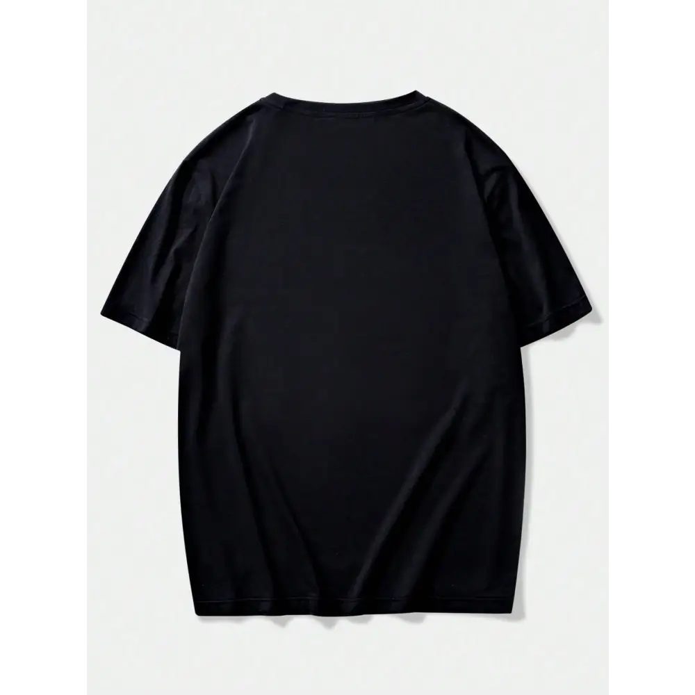 Black short-sleeved tokyo speed drifting letter graphic t-shirt with a relaxed fit and plain back shown from the back side