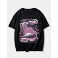 Black short-sleeved tokyo speed drifting letter graphic t-shirt with vibrant pink and purple drifting design of classic car