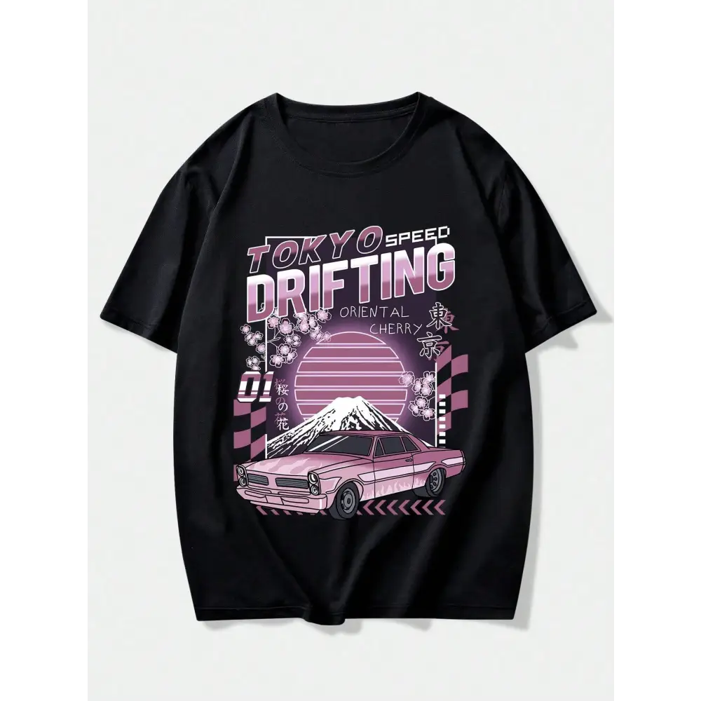 Black short-sleeved tokyo speed drifting letter graphic t-shirt with vibrant pink and purple drifting design of classic car